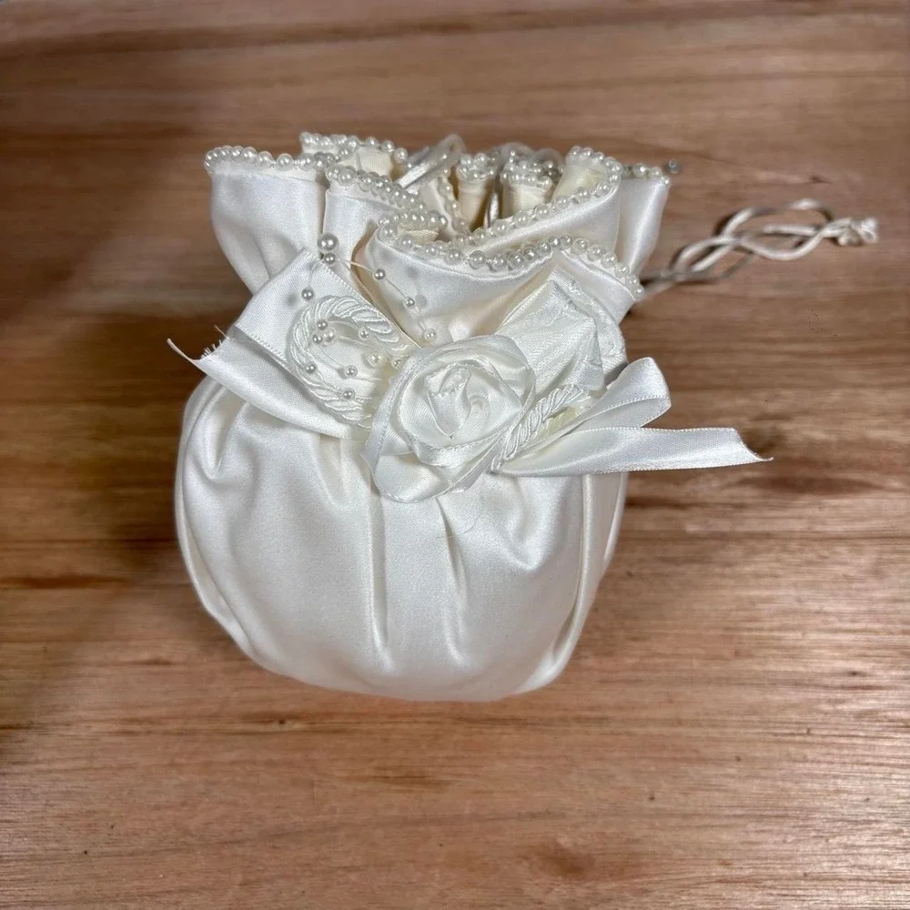 Beverly Clark Collection Tea Rose Bridal Pouch White Satin Pearl Drawstring Bag